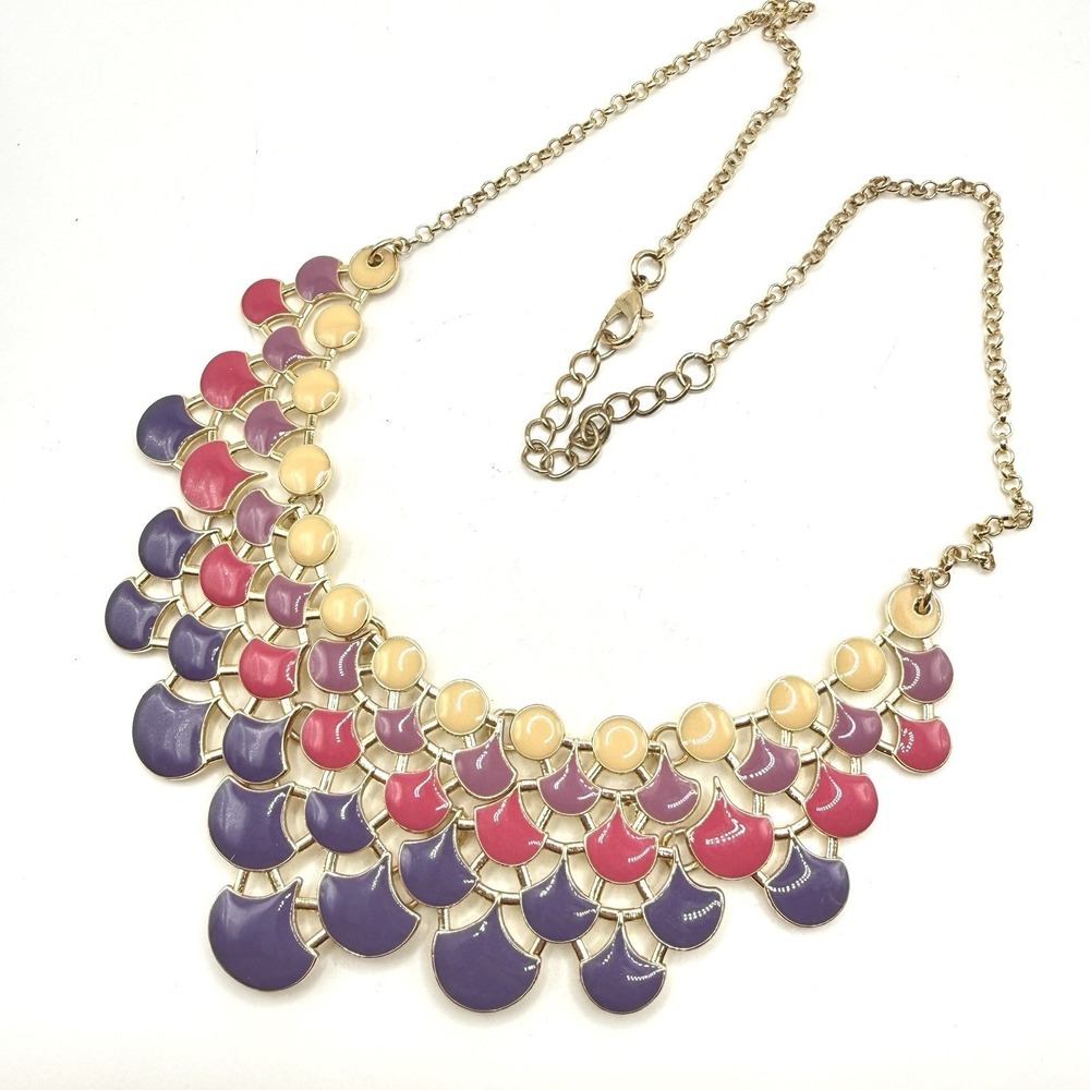 Cute Scalloped Yellow Purple Pink Pastel Enamel Bib Whimsical Necklace 19"